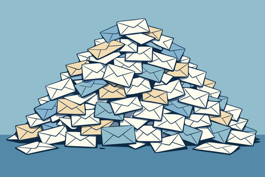 Large Pile of Hand-Drawn Envelopes Creating a Visual Representation of Overwhelming Communication, Mountain of Mail, Inbox Overload, Correspondence, Letters, and Messages Vector Illustration