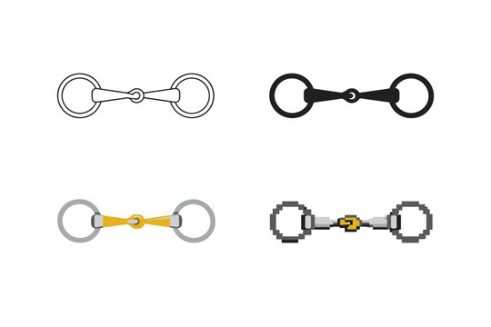 Horse Snaffle Bit Icon Set Featuring Four Distinct Graphic Design Styles Including Line Art Outline, Solid Black Silhouette, Flat Color Illustration, and Pixel Art for Equestrian and Riding Gear.