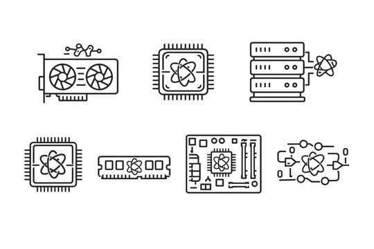 Quantum Computing and AI Hardware Acceleration Outline Icon Set Featuring GPU Card, AI Accelerator Chip, Server Rack, RAM Module, Motherboard, and Logic Circuit for Advanced Technology Concepts.