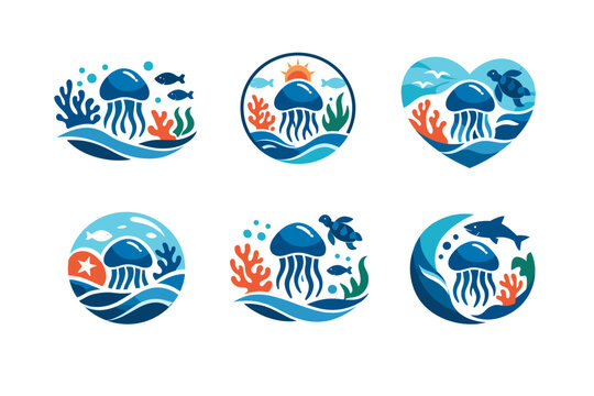 Set of minimalist jellyfish and ocean biodiversity logos featuring marine life like sea turtles, sharks, coral reefs, and fish in a modern flat vector style for underwater conservation themes.