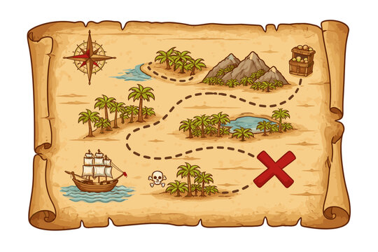 Nautical adventure map on aged parchment scroll showing a secret island, pirate ship, hidden gold chest, and skull warning. Antique quest illustration for exploration and treasure hunts.