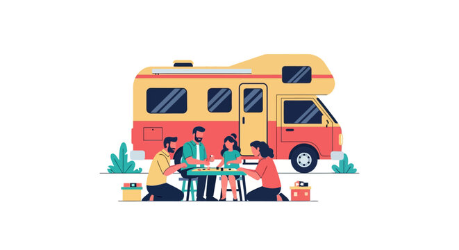 A flat vector illustration of a happy family playing a board game outside their colorful camper van during a summer camping trip.