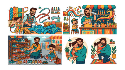 Obraz premium Fatherly Moments: A heartwarming illustration showcases a father's various roles – from tailoring to shoemaking to tender embraces, each frame capturing a unique moment of love and care.