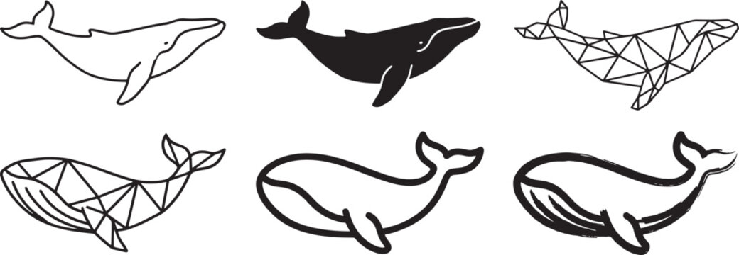 Set of six whale icons featuring various artistic styles including simple outlines, solid black silhouettes, and modern geometric triangle patterns for creative ocean wildlife designs Vector