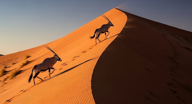 Two antelopes running across sandy desert dunes at sunset