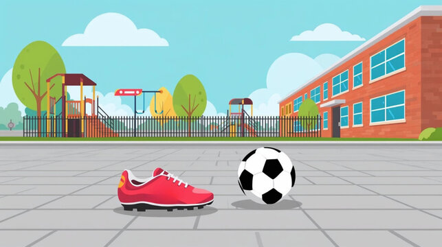 vector illustration red shoe and soccer ball in schoolyard