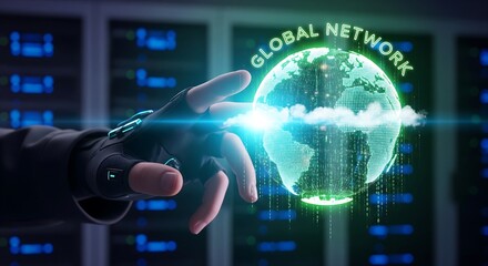Fototapeta premium Global network connection with glowing earth and digital data flow