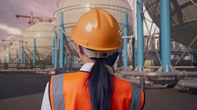 Close Up Back View Of Asian Female Engineer With Safety Helmet Talking On Smartphone While Standing with Spherical Propane Tanks with Fuel Gas Pipelines