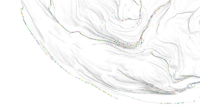 Abstract and artistic background of swirling grey lines and colorful dots on white, moder