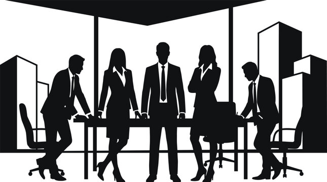 Black silhouette corporate business team meeting at office boardroom table with city skyline window background vector illustration graphic design art