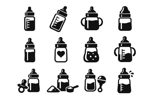 Set of baby bottle icons and infant feeding accessories in black and white flat vector style. Includes milk bottles with handles, pacifier, rattle, and formula powder scoop for newborn care.