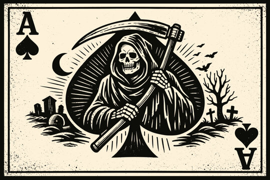 Vintage Ace of Spades Playing Card Vector Illustration Featuring the Grim Reaper Holding a Scythe in a Retro Woodcut Style with a Graveyard Background, Gothic Death Art for Tattoo and Poster