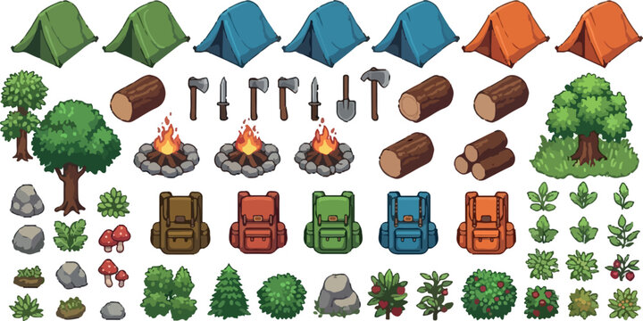 Isometric camping equipment and forest survival kit, 48 outdoor adventure icons, cartoon nature elements and hiking gear vector set isolated PNG with Transparent Background