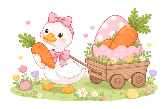 Cute White Goose with Pink Bows Pulling a Wooden Cart Filled with Carrots and a Giant Polka Dot Easter Egg in a Spring Meadow with Flowers, Whimsical Hand Drawn Coquette Style Vector Illustration