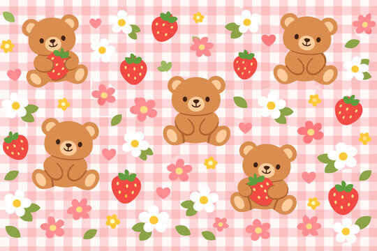 Adorable Teddy Bear Seamless Pattern with Sweet Strawberries, Daisies, and Pink Flowers on Gingham Background. Kawaii Animal Vector Illustration for Kids Nursery, Baby Fabric, and Cute Stationery.