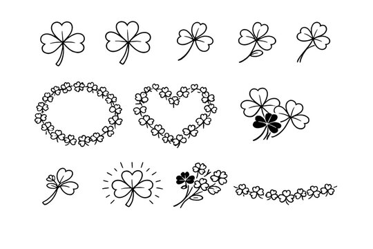 Hand Drawn Black Line Art Clover Icon Set Featuring Shamrock Designs, Wreath, Heart Shape, Four-Leaf Clover, and Bouquet for St. Patrick's Day Decorations, Irish Symbols, and Luck Illustrations