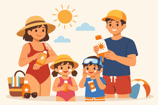 Happy Family Applying Sunscreen at the Beach for Sun Protection. Parents and Children Using UV Protection Lotion Bottles on a Sunny Summer Day. Healthy Skincare, Safety, and Summer Vacation.