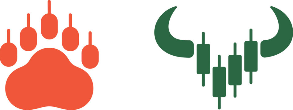 Red paw print and green bull candlestick icon set for finance and sports