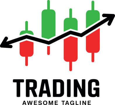 Colorful stock market trading chart with upward arrow and candlesticks