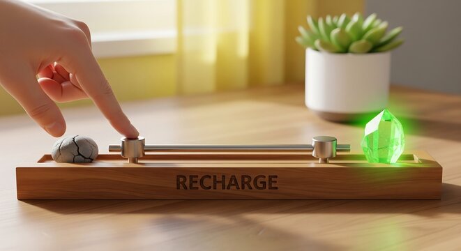 Hand placing small stone on wooden recharge balance scale with green light