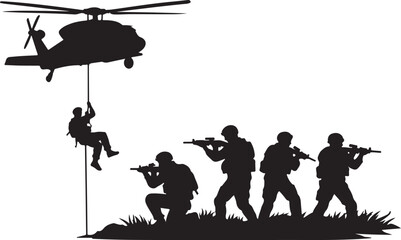 A military personnel rappelling from a helicopter with armed soldiers rendered as silhouette vector © Ajmot