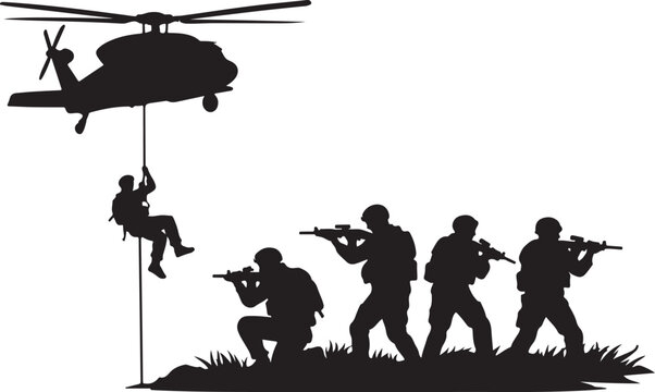A military personnel rappelling from a helicopter with armed soldiers rendered as silhouette vector