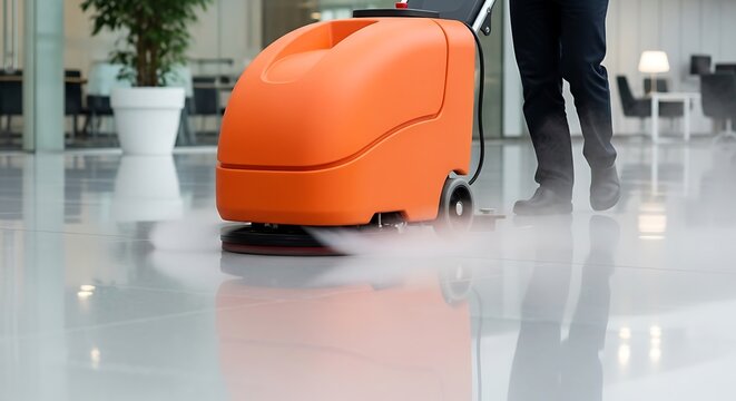 A worker using an orange floor scrubber machine to clean a shiny tiled floor in a modern office building lobby