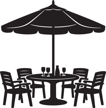 A charming outdoor dining setup with an umbrella table and chairs  silhouette vector
