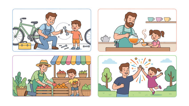 Family Moments: A collection of heartwarming scenes depicting a father's involvement in his child's life, from repairing a bicycle to sharing a moment.