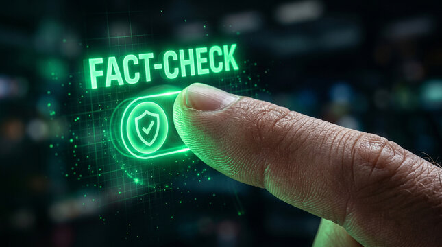 Fact check anti ai slop content verification with finger touch on green digital interface