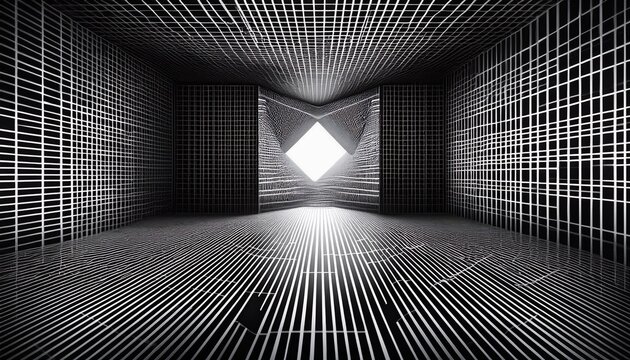 3d grid room with black and white lines creating a mesmerizing optical illusion of depth and space