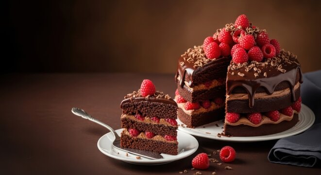 Delicious dark chocolate layer cake topped with fresh red raspberries served on a plate with a silver cake server for a sweet dessert party celebration