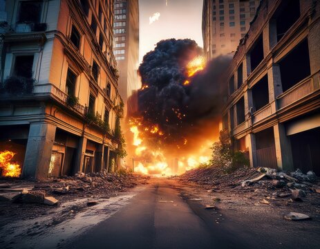 empty city street with building ruins and dramatic explosion concept devastation and destruction in a war torn urban landscape