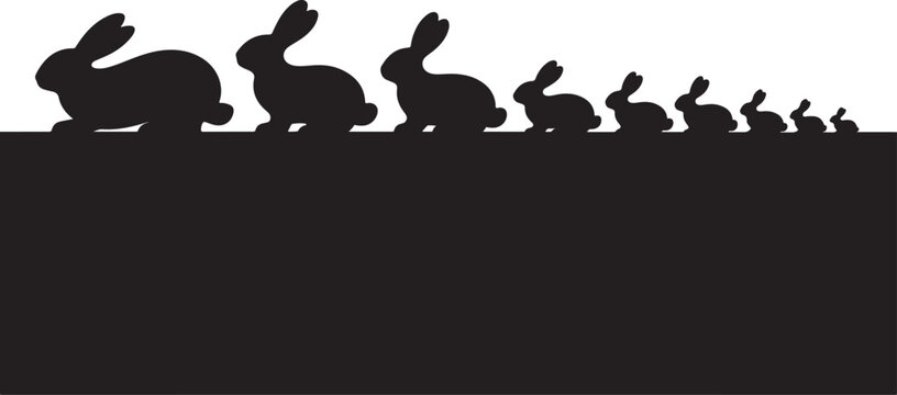Black silhouette of rabbits of various sizes in a row over a dark horizontal footer bar