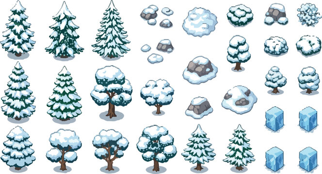Isometric winter forest game assets, snowy pine trees and frozen rocks vector collection, 28 winter nature elements for map building isolated PNG with Transparent Background