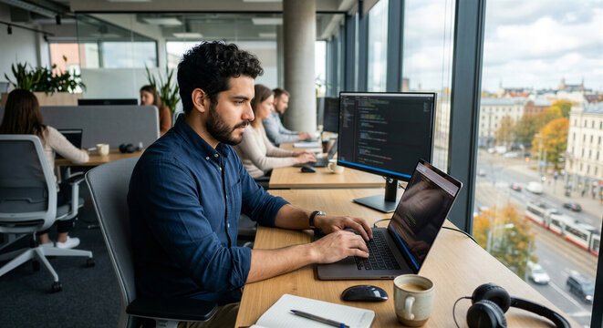 ocused young software engineer working on code using a laptop in a modern coworking space.