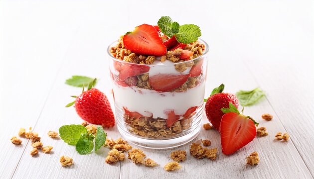delicious strawberry parfait with yogurt granola and mint onwhite background