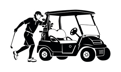 Fototapeta premium Golf cart silhouette, golf cart vector, golf vehicle illustration, golf cart design pack, buggy black shape, golf course transport, electric golf cart graphic, golf cart side view, resort vehicle 