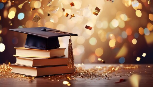 congrats graduates background with books and graduation hat with confetti
