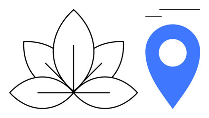 Wellness, mindfulness, meditation, geography, navigation, lifestyle. Black lotus flower and blue location marker with modern lines. Wellness and mindfulness meet geography and navigation concepts © robu_s