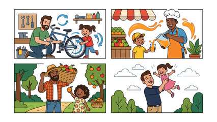 Fototapeta premium Everyday Moments: A series of vibrant illustrations showcase four heartwarming moments: fixing a bike, making juice, gathering fruit, and playing joyfully.