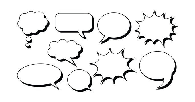 Bubble vector speech balloon icons for editable comic callout frames in clean outline and solid styles for dialogue design, messaging graphics, and cartoon illustration.