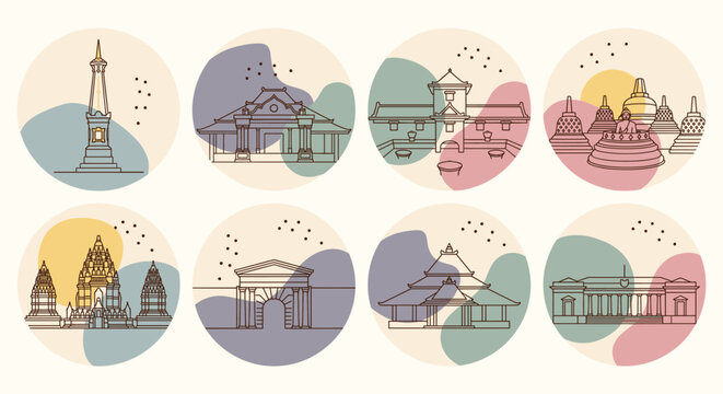 Traditional architectural landmarks and monuments of the Indonesian city of Yogyakarta illustrated