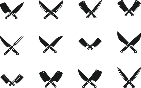 Set of Crossed Kitchen Knives and Meat Cleavers Silhouette Icons, Professional Chef Tools and Butchery Equipment Vector, Minimalist Grill Design