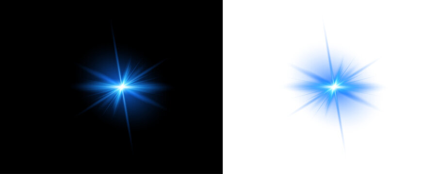 Brilliant blue light effect stunning starburst and lens flare on transparent background