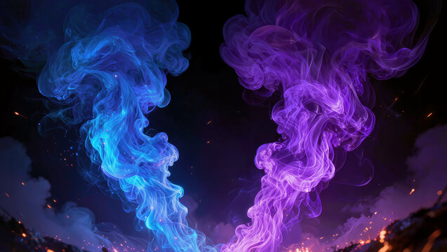 Blue fire and purple fire on black background , epic wallpaper image.