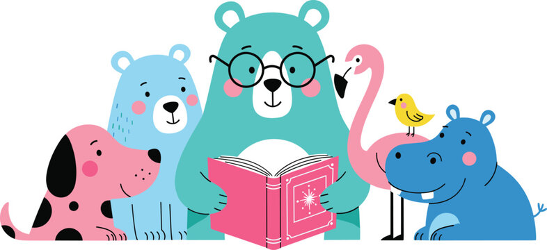 Animals Reading Together with Bear, Dog, Flamingo, Hippo, and Bird, Fun and Educational Cartoon Illustration