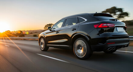 Fototapeta premium Modern SUV Driving Fast on Open Road at Sunset Rear View