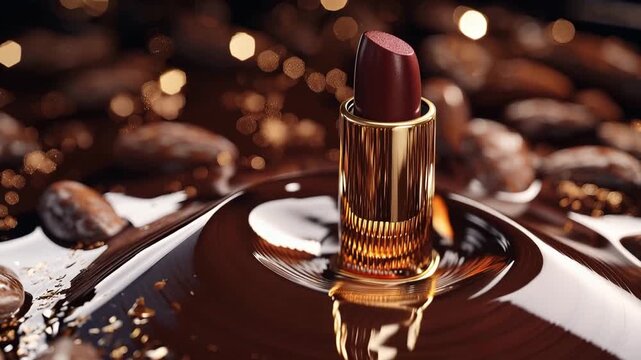 Chocolate lipstick in a pool of melted chocolate with cocoa beans around it