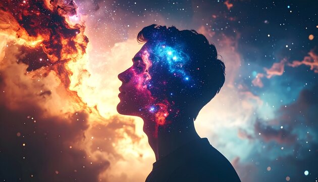 Cosmic Contemplation - A Silhouette Embraces the Universe Within and Without.